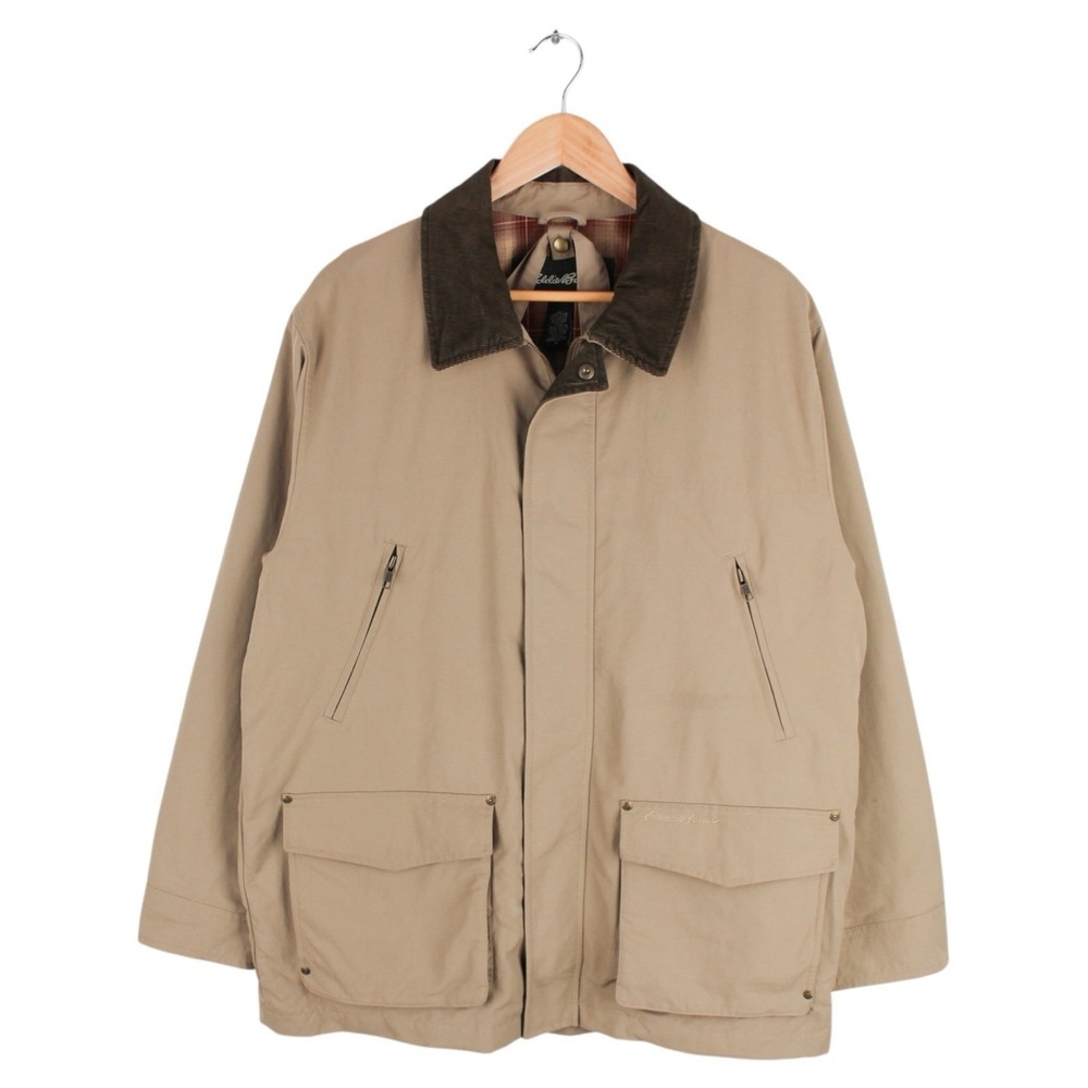 Eddie Bauer Chore Barn Coat Corduroy Collar Tan Nylon Plaid Lined Mens Medium